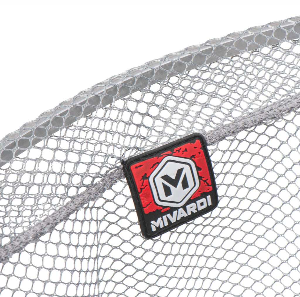 Mivardi Landing Net Competition landing net head – detail of logo and mesh
