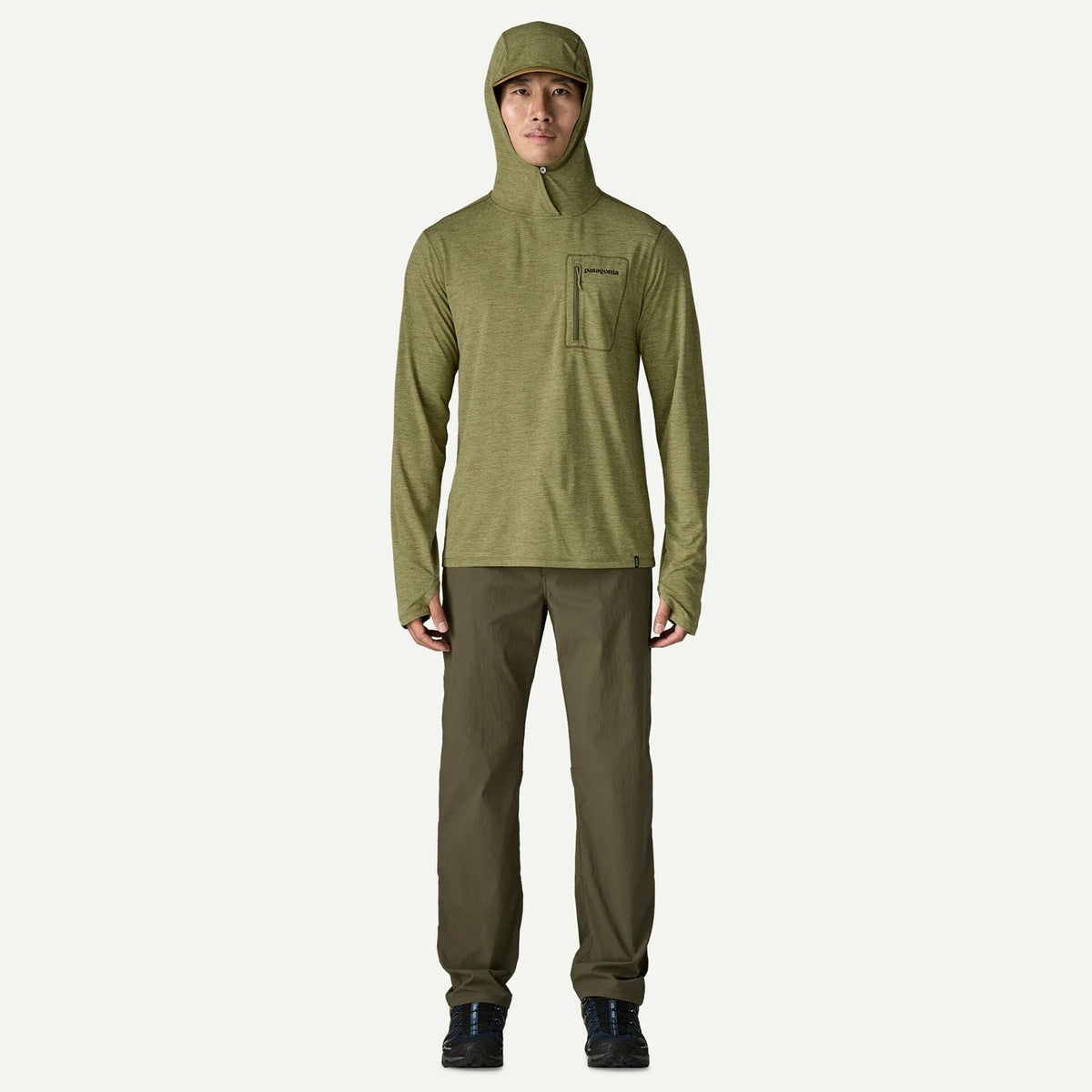 Patagonia M’s Capilene Cool Sun Hoody Fitz Roy Trout CGBX – hood up front view