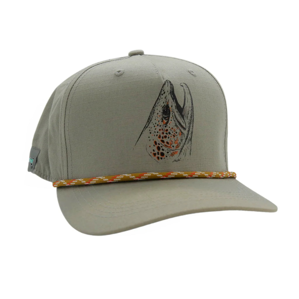 RepYourWater Rising Brown 5 Panel Hat in gray with brown trout design