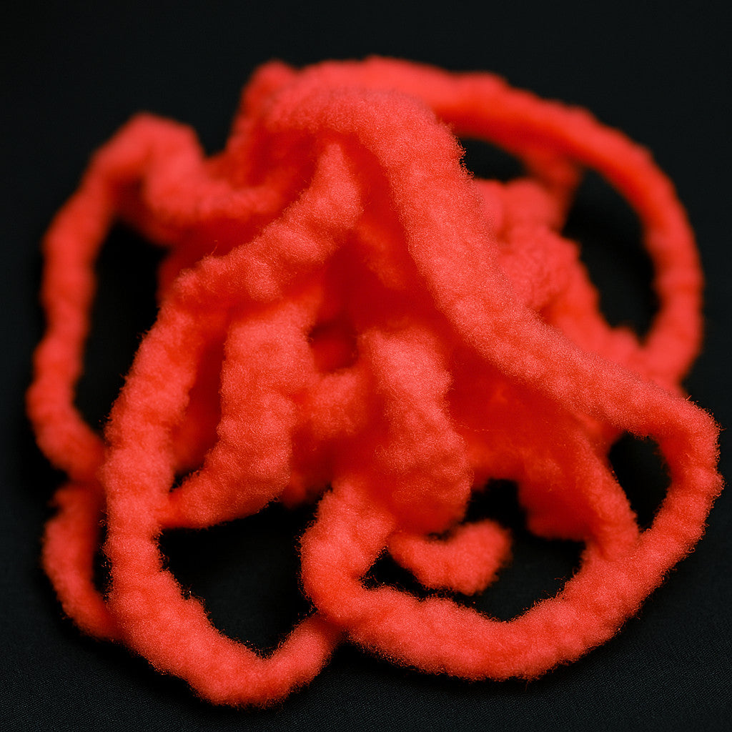 Soldarini Egg’s Chenille 5 mm Fluo Red – jasne fluorescenčne červená žinilka pre nápadné mušky, ktoré neuniknú žiadnej rybe.