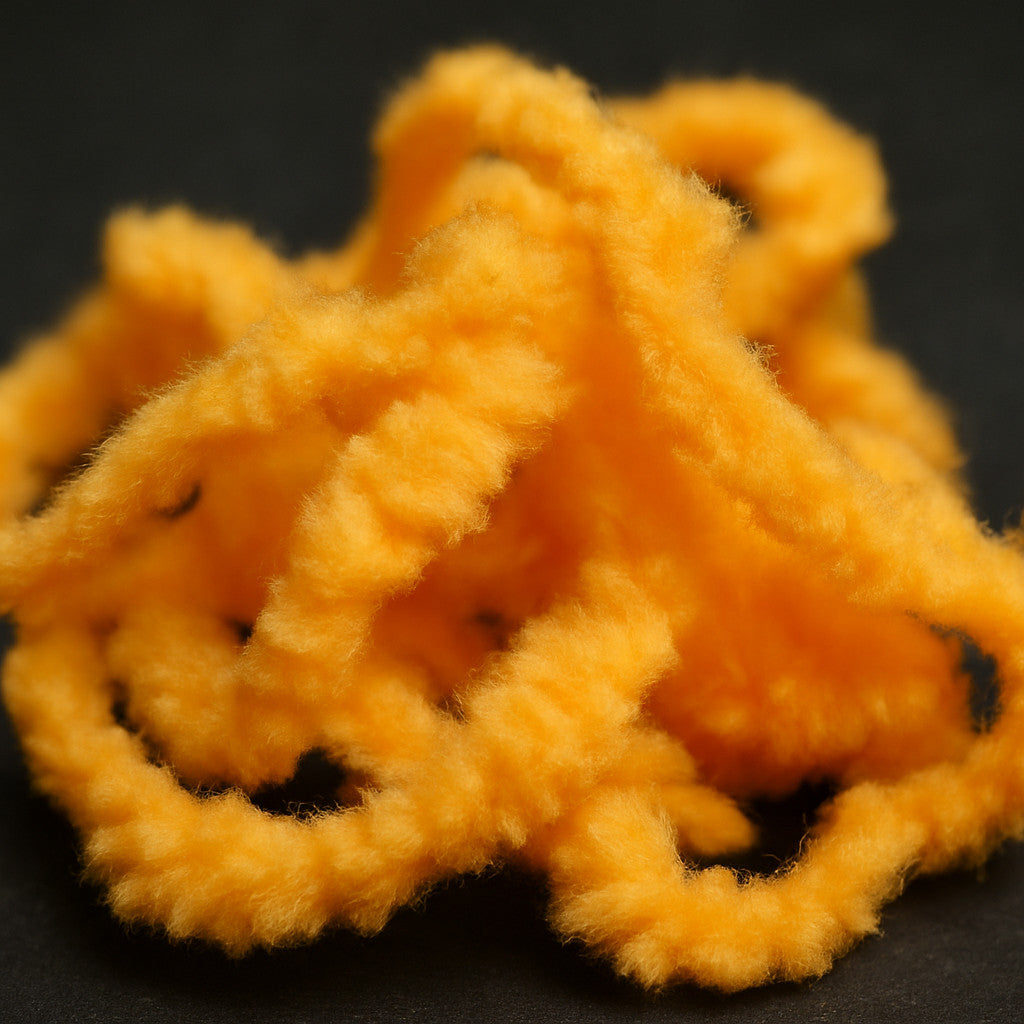 Soldarini Egg’s Chenille 15 mm – farba Fluo Sunburst Orange, výrazný fluorescenčný oranžovo-žltý odtieň s vysokou viditeľnosťou.