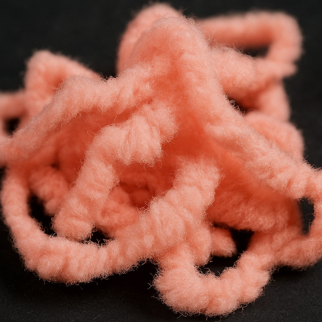 Soldarini Egg’s Chenille 15 mm – farba Sockeye, jemný lososový odtieň s mäkkou textúrou pre viazanie blob mušiek.