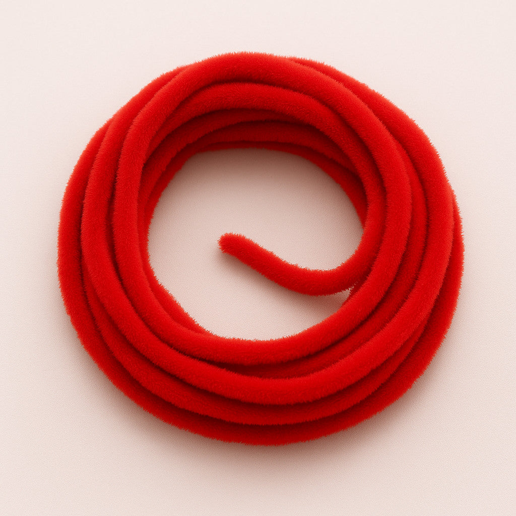 Bloodworm Red Soldarini Wormstasy Chenille fly-tying material, close-up pulsing fiber texture, studio lighting