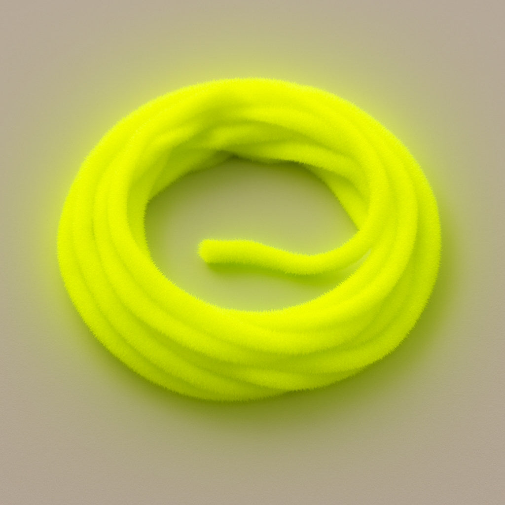 Fluo Yellow Soldarini Wormstasy Chenille fly-tying material, close-up pulsing fiber texture, studio lighting