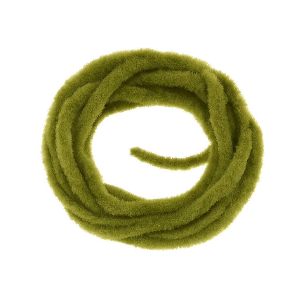 Olive Soldarini Wormstasy Chenille fly-tying material, close-up pulsing fiber texture, studio lighting