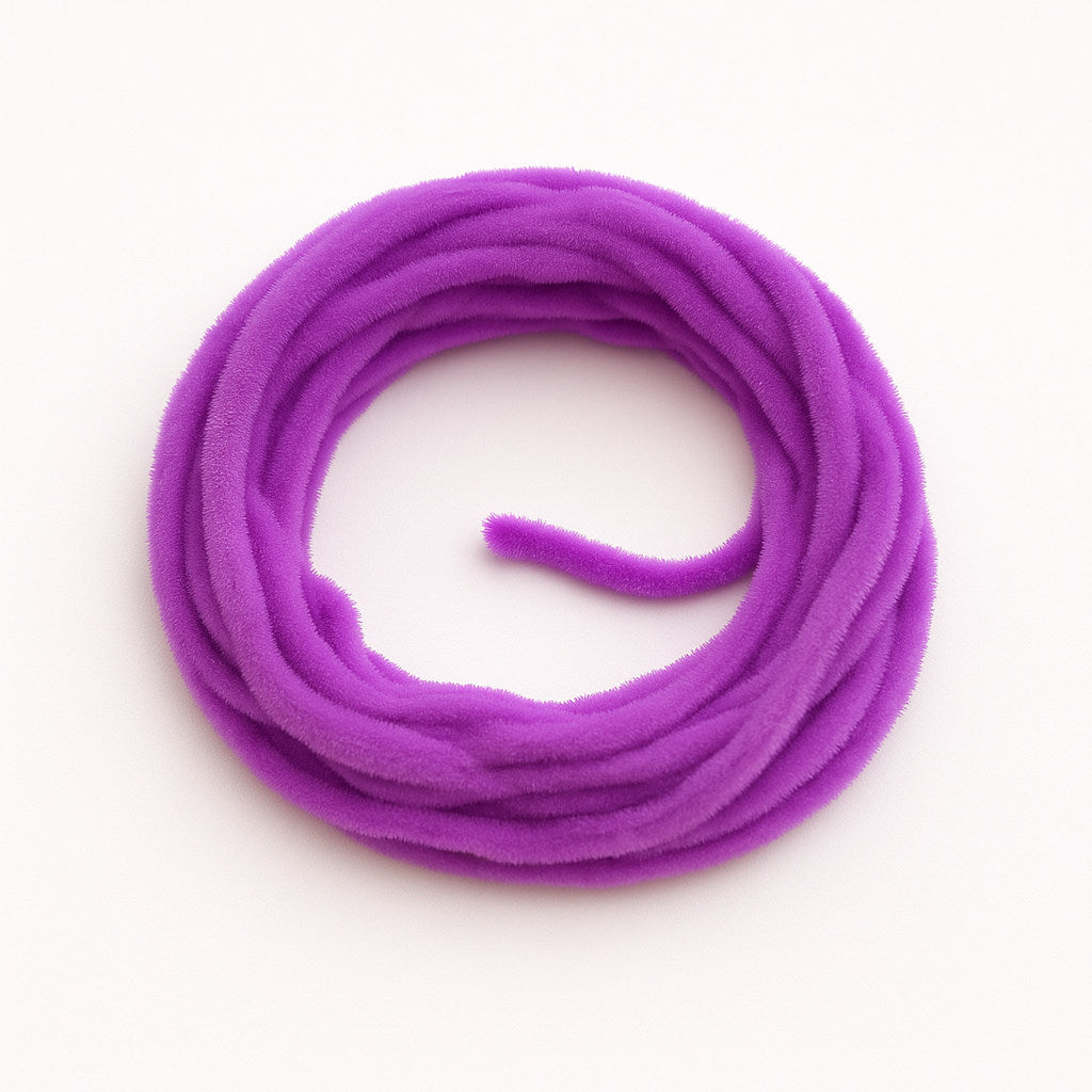 Purple Soldarini Wormstasy Chenille fly-tying material, close-up pulsing fiber texture, studio lighting