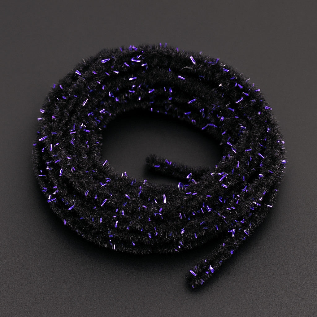 Soldarini Wormstasy Chenille UV – Black fly tying material on dark background