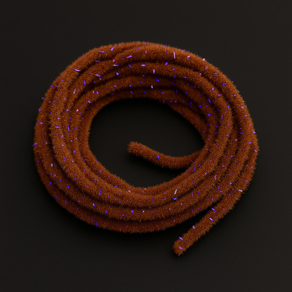 Soldarini Wormstasy Chenille UV – Brown fly tying material on dark background