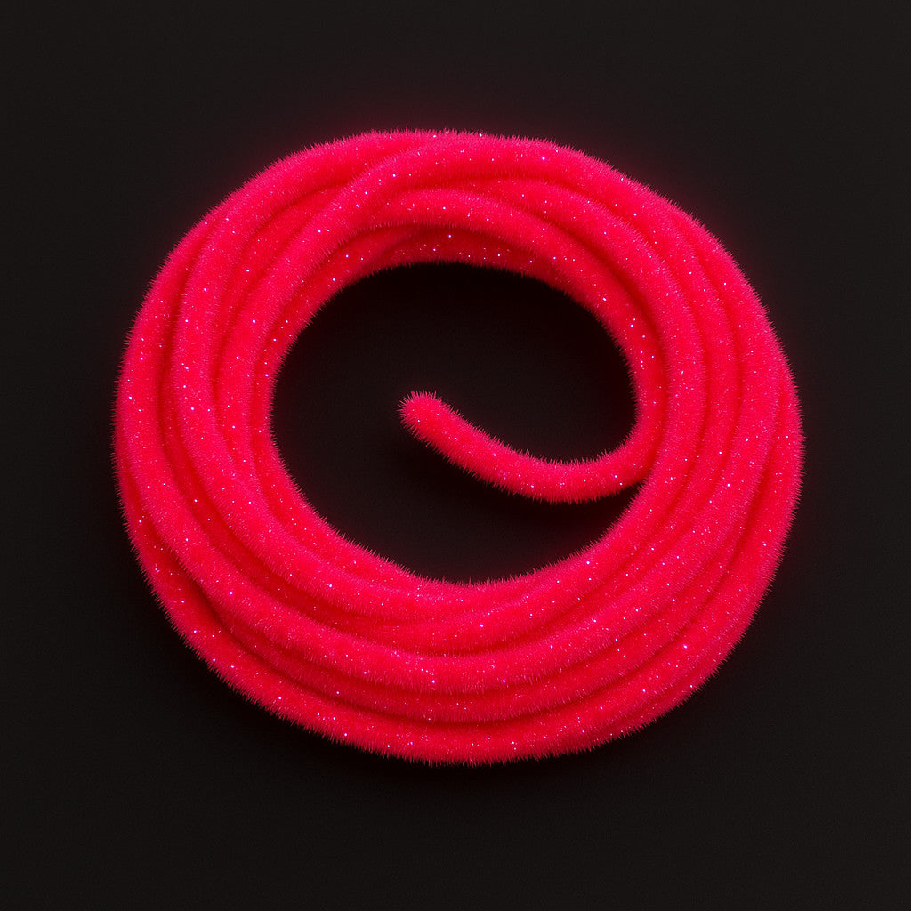 Soldarini Wormstasy Chenille UV – Fluo Red fly tying material on dark background