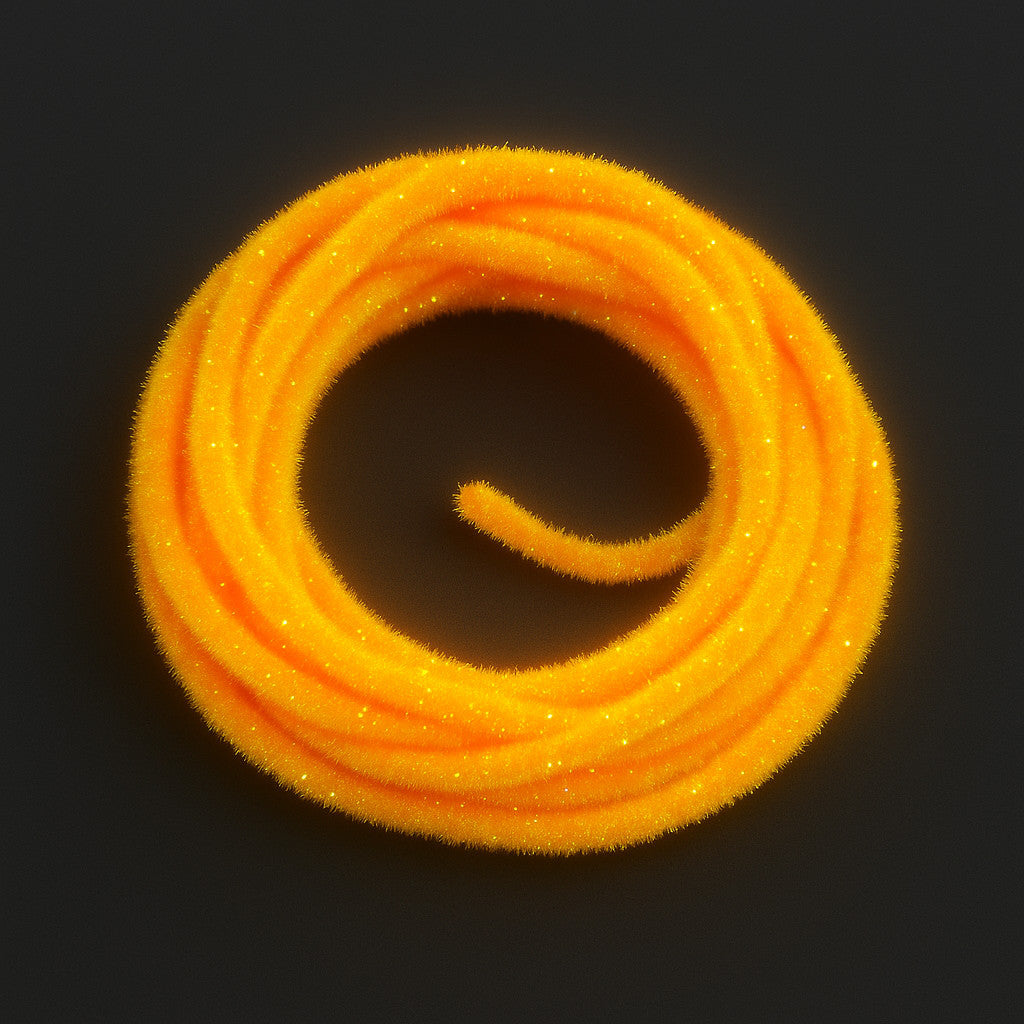 Soldarini Wormstasy Chenille UV – Fluo Sunburst fly tying material on dark background