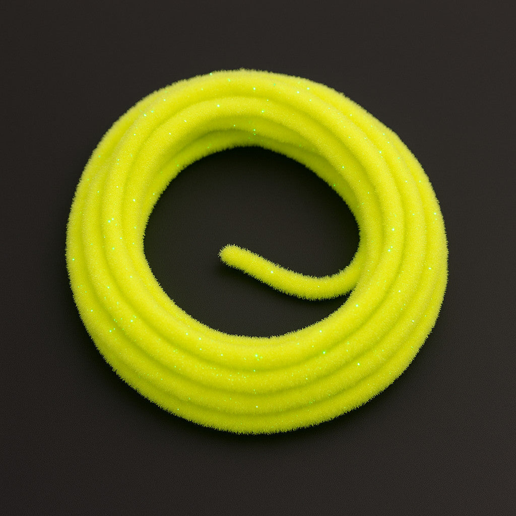 Soldarini Wormstasy Chenille UV – Fluo Yellow fly tying material on dark background