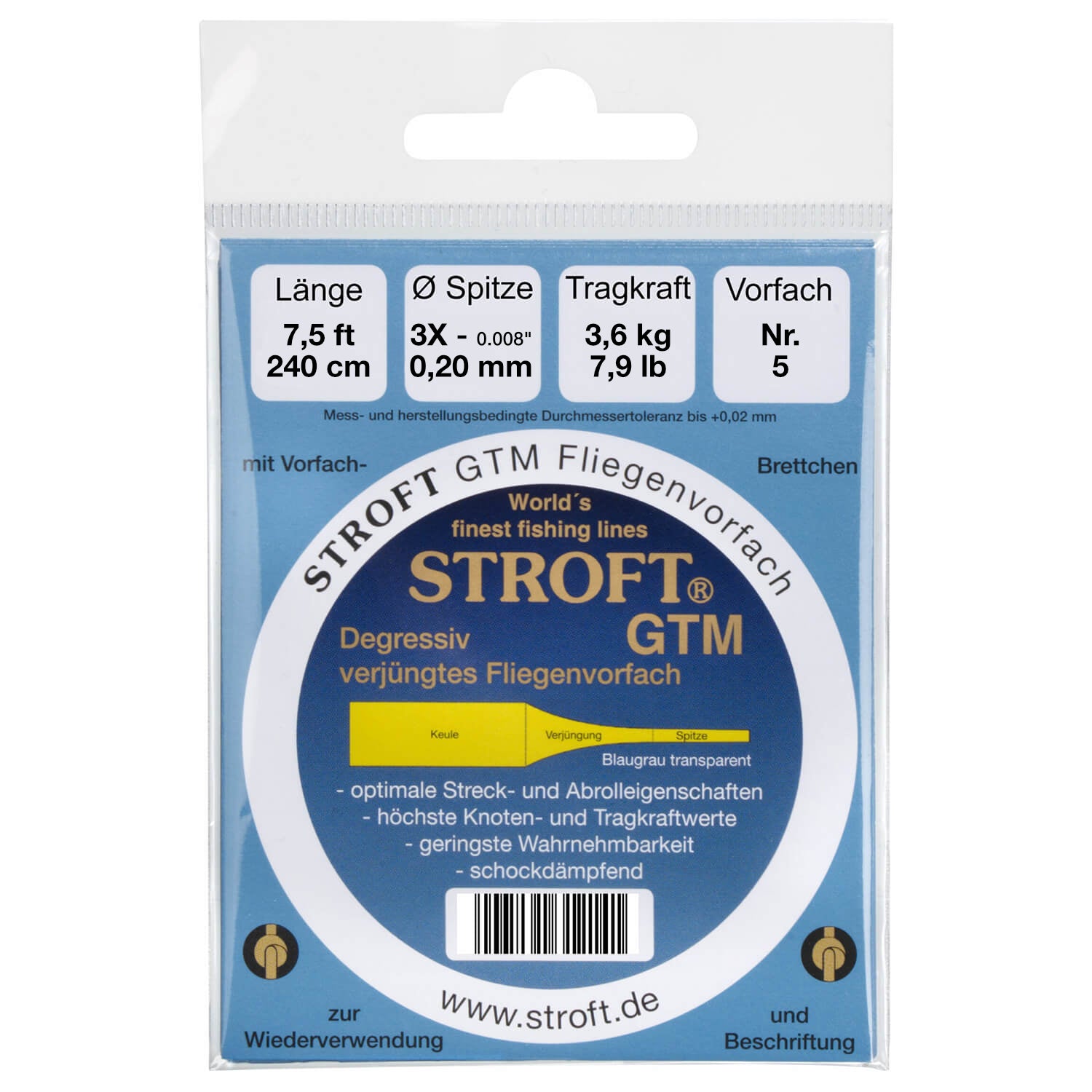 STROFT GTM tapered fly leader 240 cm 3X 0.20 mm No. 5 packaging