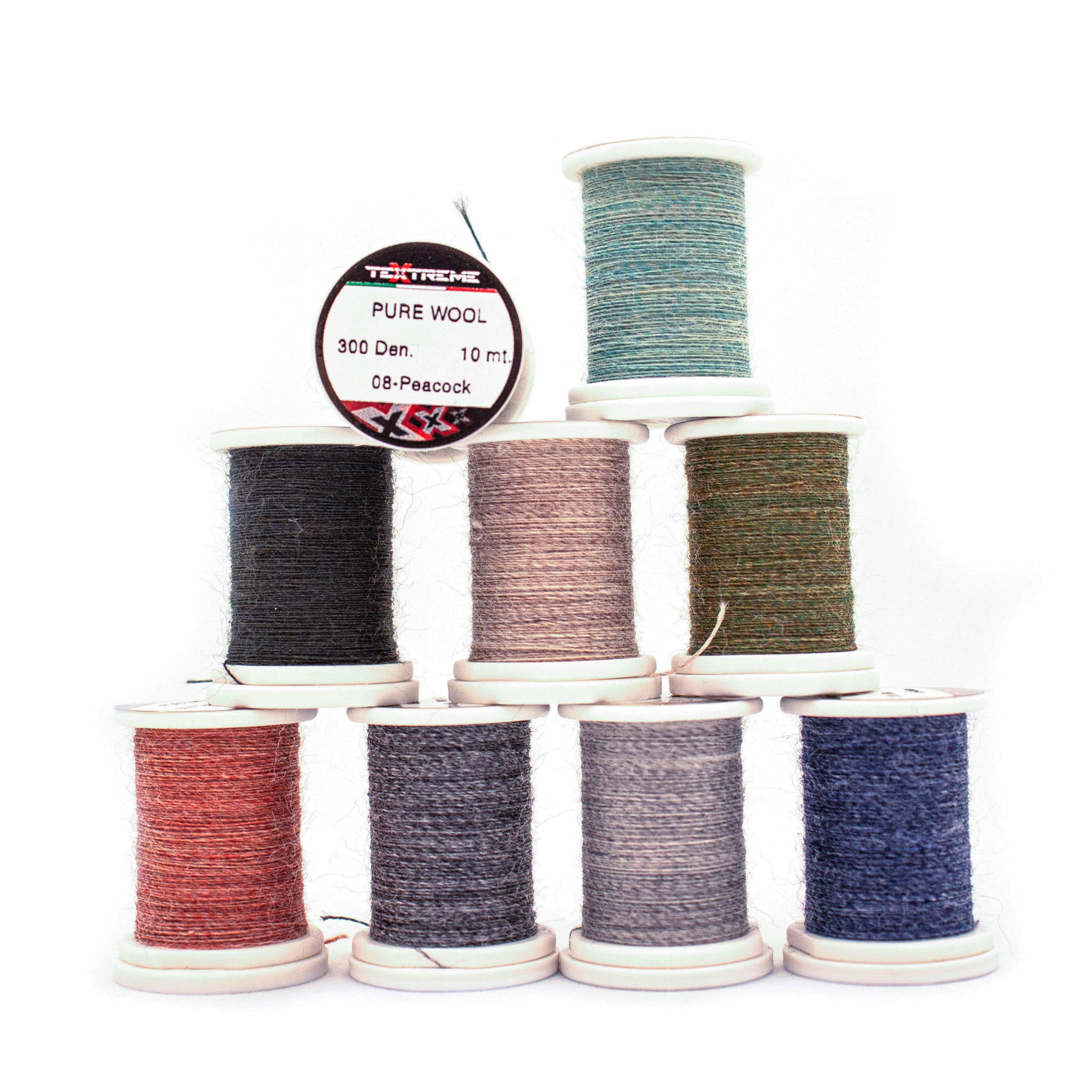 Textreme Pure Wool – celkový pohľad na cievky rôznych farieb, vlnená niť na viazanie mušiek