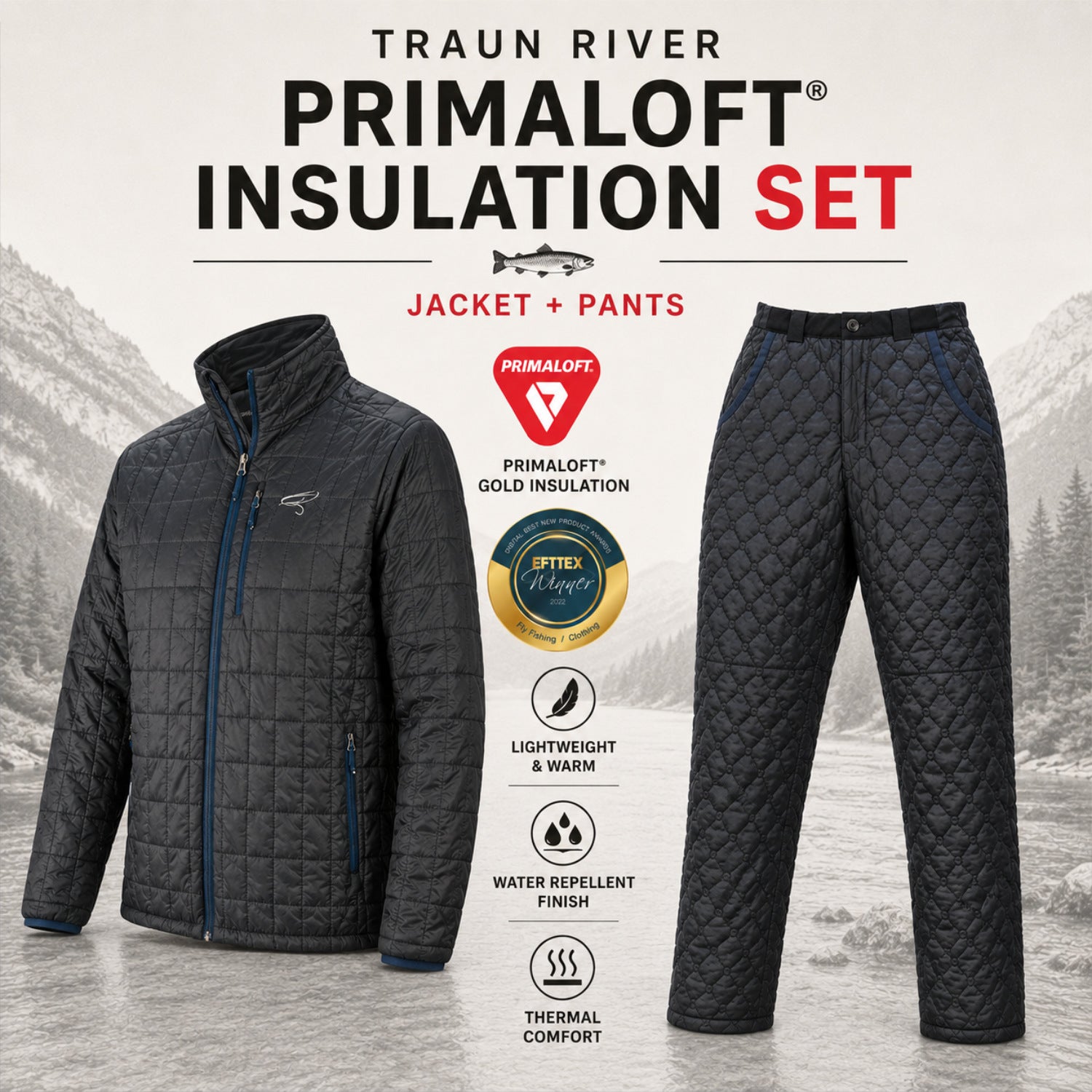 Traun River Primaloft Insulation Set – zateplená bunda a nohavice s izoláciou PrimaLoft Gold pre rybolov a outdoor aktivity