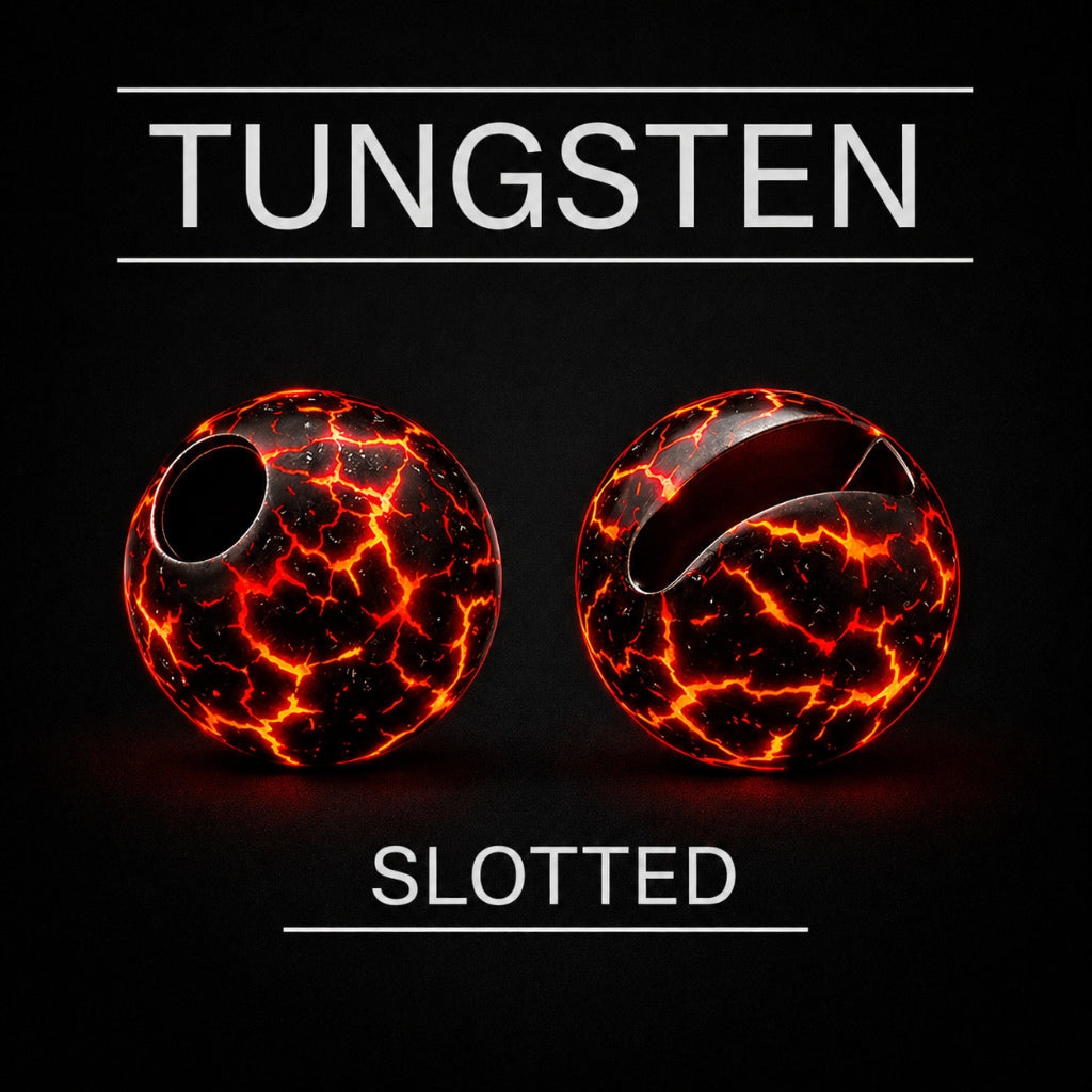 Tungsten slotted bead marbre black UV hot red orange fly tying