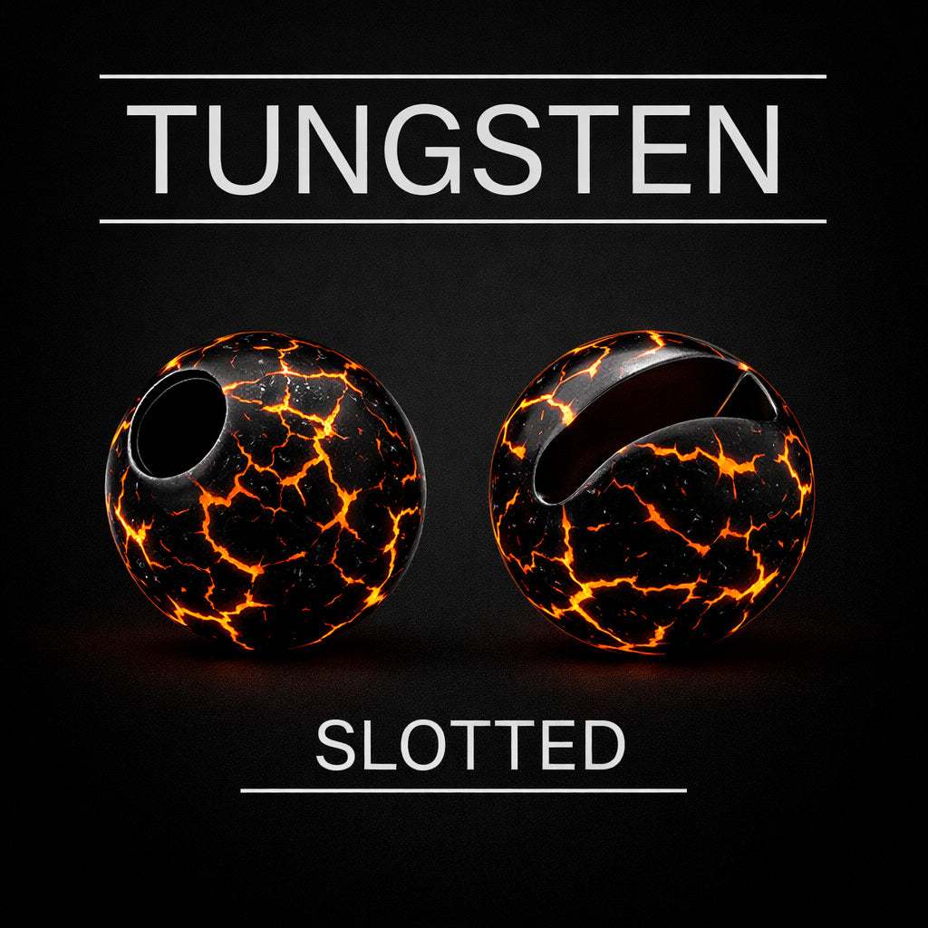 Tungsten slotted korálka Marbre Black / UV Fluo Orange s prasklinovým vzorom