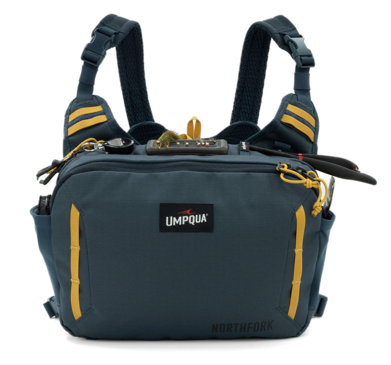 Umpqua NorthFork Chest Pack Cobalt – naložený chest pack s príslušenstvom
