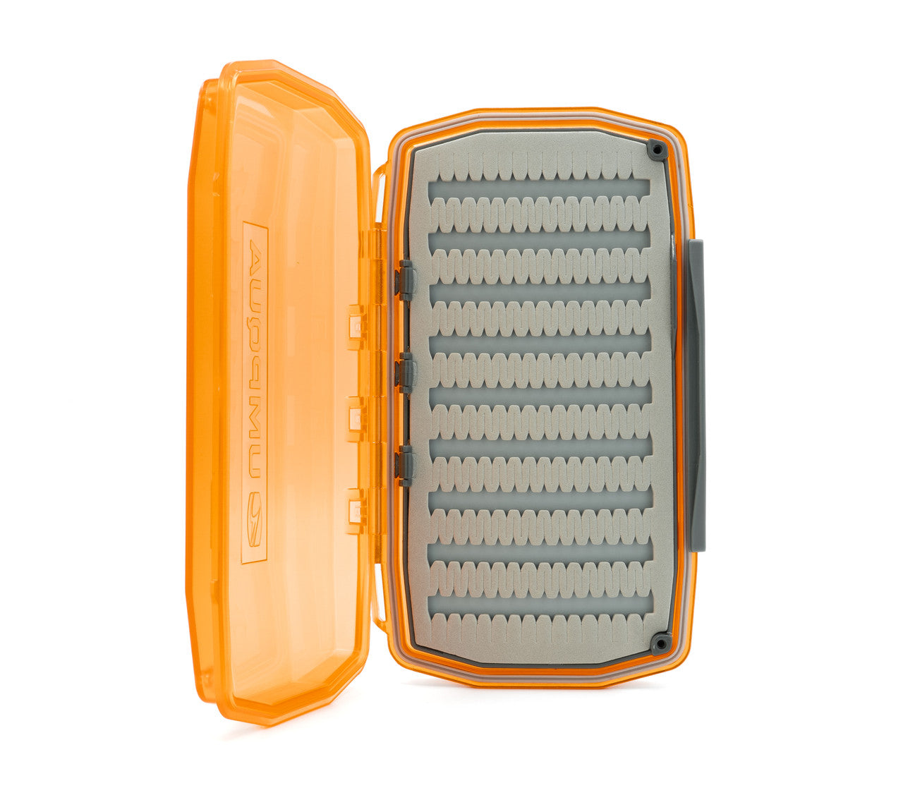 Waterproof fly box Umpqua WP Essential Large – Hot Orange, open back view.
