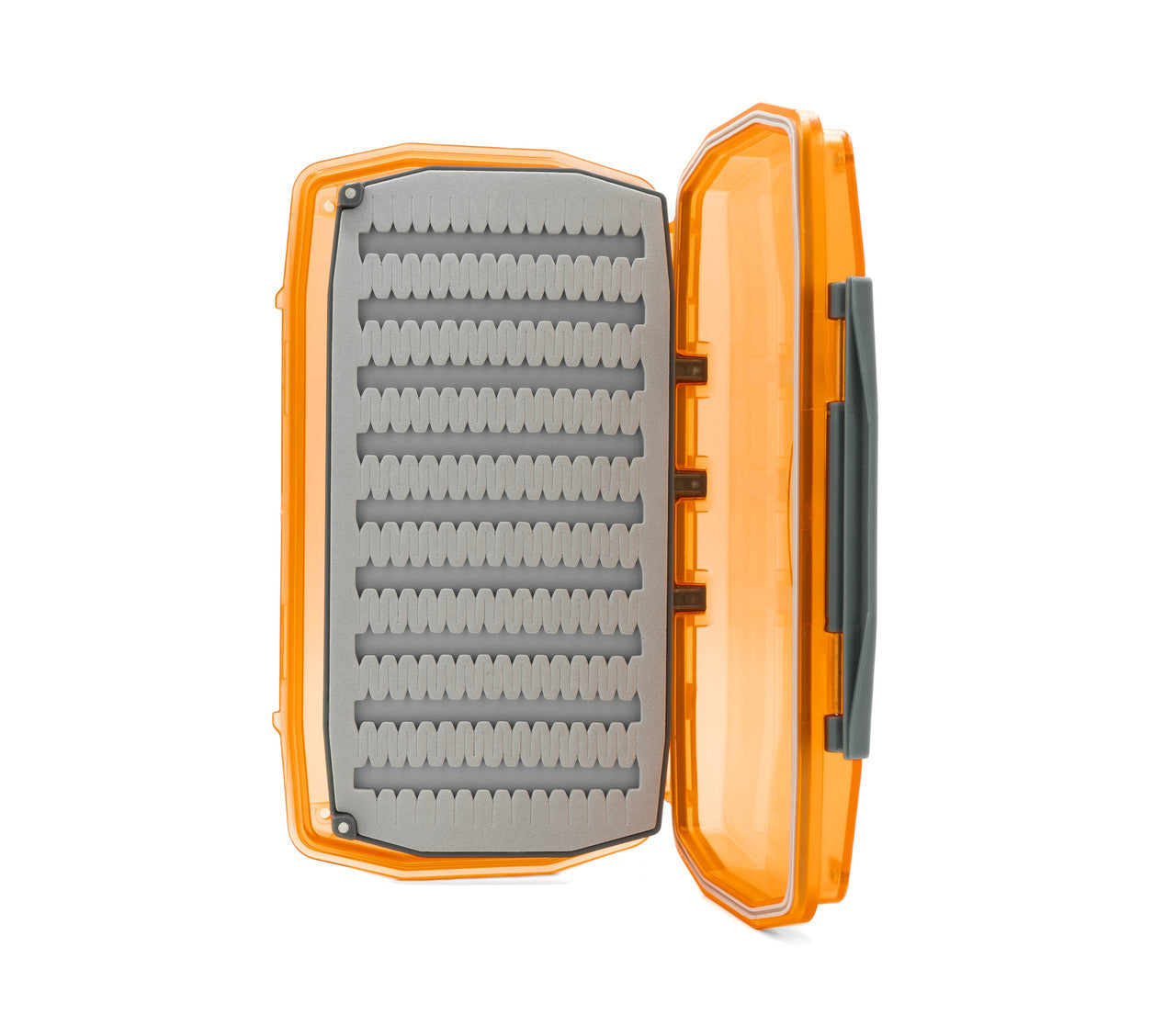 Waterproof fly box Umpqua WP Essential Large – Hot Orange, open front view.