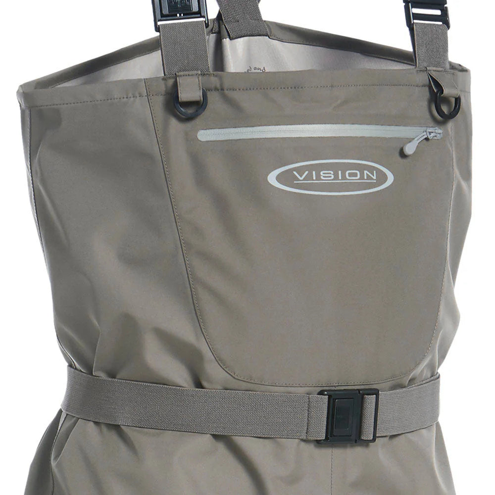 Vision Atom Waders – detail prednej časti a pásu brodiacich nohavíc